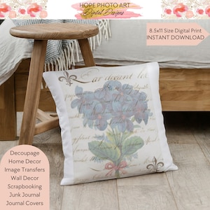 French Script Hydrangea Decoupage Print, Floral Decoupage, Rice Paper Designs, Cottage Decor, Scrapbooking, Junk Journal, Home Decor