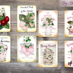 Rosa Erdbeerkarten, Junk Journal, Ephemera, Bauernhaus, Tiered Tablett, Rezept, Rote Erdbeeren, Vintage, Shabby, Erdbeer Aufnäher Milchshake