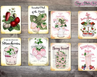 Pink Strawberry Cards, Junk Journal, Ephemera, Farmhouse, Tiered Tray, Recipe, Red Strawberries, Vintage, Shabby, Strawberry Patch Milkshake