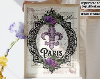 Lavender Paris French Country, Fleur Di Lis, Iron on Transfer, Scrapbooking, Junk Journal, Ephemera, Purple Flowers Greeting Card Home Decor
