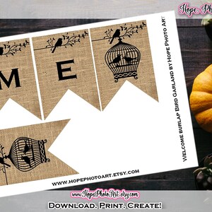 Printable Farmhouse Welcome Burlap Banner, 3x4.5 pennant flag, home decor, garland, scrapbooking, autumnrustic, birds, garland, Fall decor image 4