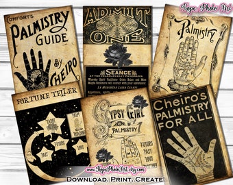 Vintage Palmistry Cards, Halloween Tags, Cards, Gypsy, Fortune Telling, Junk Journal, Scrapbooking, Ephemera, Gothic, Witch Decor, Printable