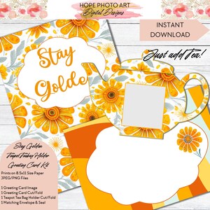 Tarjeta de Marigold, Porta bolsitas de té Stay Golden, Sobre para tetera, Set de papelería, Saludo, Cumpleaños, Ánimo, Autocuidado, Gracias, Felicitaciones