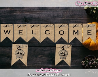 Printable Farmhouse Welcome Burlap Banner, 3x4.5 pennant flag, home decor, garland, scrapbooking, autumnrustic, birds, garland, Fall decor