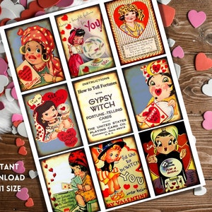 étiquettes vintage de la Saint-Valentin, cartes, salle de classe, éphémères, Gypsy Fortune Teller, journal indésirable, scrapbooking, décor de sorcière, décor de la Saint-Valentin