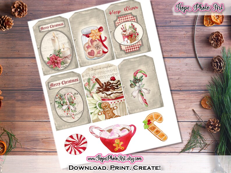 Printable Christmas Cards, Vintage Candy Cane, Gingerbread Cookies, Peppermint, Cardinal, Tags, Envelopes, Junk Journal, Fussy Cut Clipart image 7