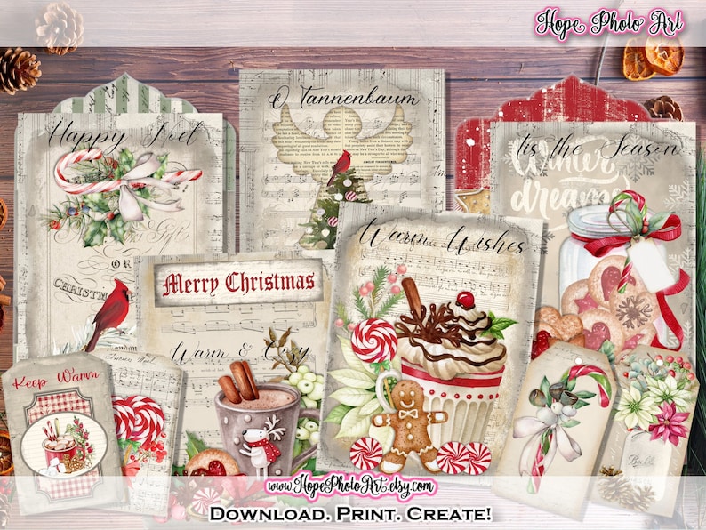 Printable Christmas Cards, Vintage Candy Cane, Gingerbread Cookies, Peppermint, Cardinal, Tags, Envelopes, Junk Journal, Fussy Cut Clipart image 1