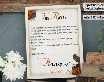 The Raven by Edgar Allan Poe, 8x10 and 16x20, Halloween Sign, Nevermore Poem, Autumn, Wednesday Adams, Halloween Quote, Gothic, Witch Decor