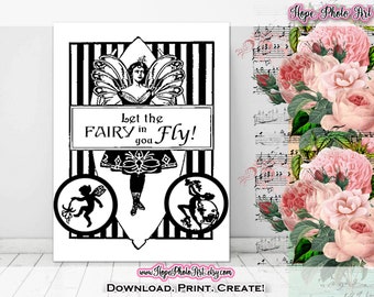 Printable Let the Fairy In You Fly, Collage Sheet, Iron on Transfer, scrapbooking, junk journal, canvas, wings, butterfly, vintage children