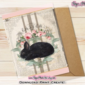 Osterkarte, französischer Hase, Kaninchen, Shabby Pink, Junk Journal, Frohe Ostern, Cottage Roses, Vintage Ephemera, viktorianisch, printable, A9