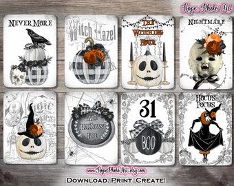Printable Halloween Tags, Gothic Farmhouse, Black Pumpkins, Raven, Junk Journal, Ephemera, Witch Decor, Scrapbooking, Banner, Nevermore