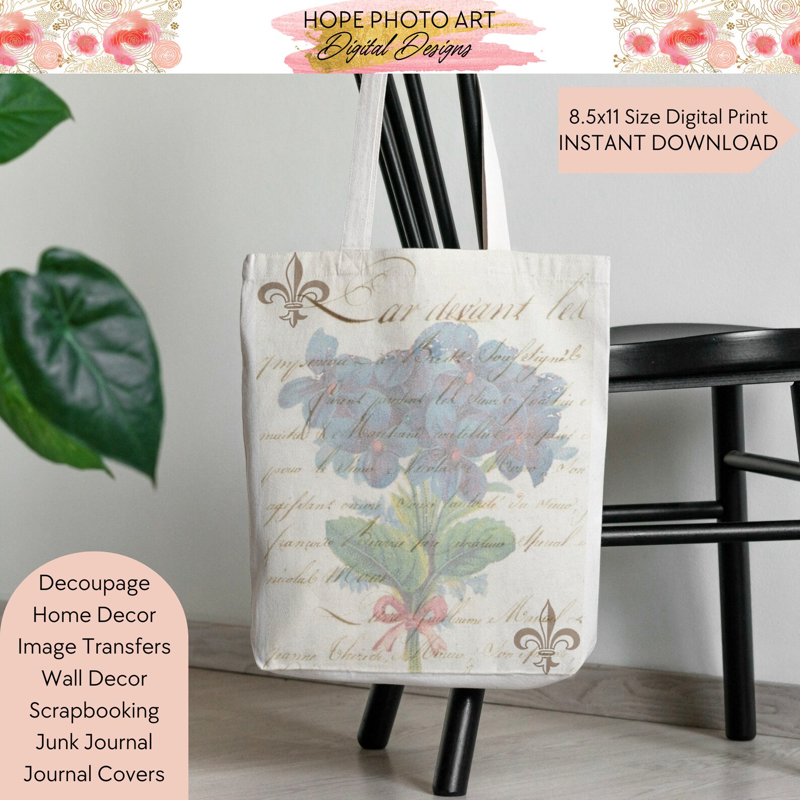 Script Flower Hydrangea Chair French Script Hydrangea Decoupage Print, Cottage Floral (digital ...