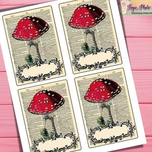 Champignons imprimables Éphémères, Cartes, Tags, journal de pacotille, cartes de bibliothèque, cartes de poche, cartes de journalisation, Champignons rouges, Modifiable, vintage