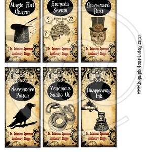 Halloween Apothecary Labels, Steampunk, Tags, Vintage Victorian, Raven, Spells, Potions, Charms, Scrapbooking, Bookmarks, Wizard, Magic image 4