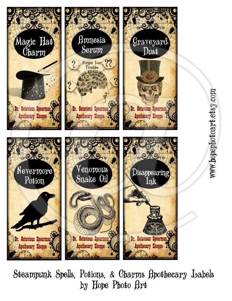 Halloween Apothecary Labels, Steampunk, Tags, Vintage Victorian, Raven, Spells, Potions, Charms, Scrapbooking, Bookmarks, Wizard, Magic image 4