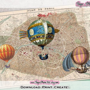 Imprimible Vintage Paris France Map, Hot Air Balloons, Ephemera French Map, Digital Collage, iron on transfer, scrapbooking, junk journal
