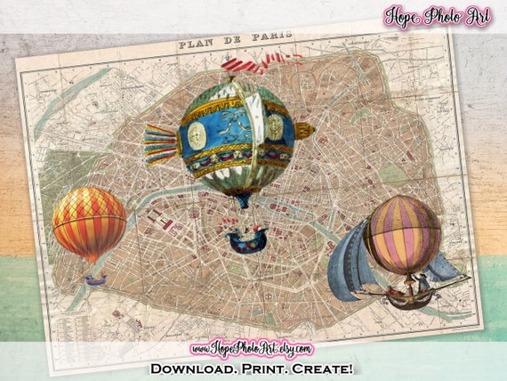 Imprimible Vintage Paris France Map, Hot Air Balloons, Ephemera French Map,  Digital Collage, iron on transfer, scrapbooking, junk journal -  México