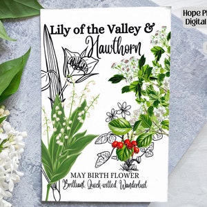 Fleur de naissance de mai, carte 5 x 7, carte d'anniversaire, journal indésirable, fleurs sauvages, muguet, aubépine, étiquette cadeau, clipart fleur enveloppe