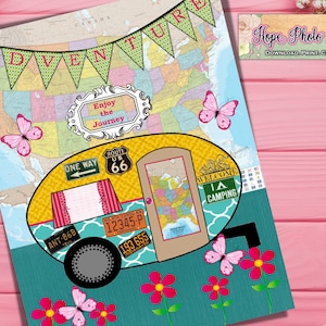 Printable Camper RV, Adventure, Happy Camper, Trailer, Digital Collage Sheet, Iron on Transfer, scrapbooking, junk journal, diy garden flag