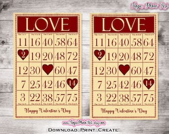 Printable Valentine Card, Vintage Bingo, Love, 4x6 Tags, junk journal, scrapbooking hearts, February 14, Party Favor