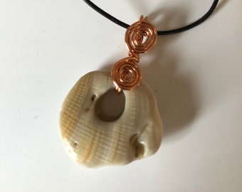 Copper Wirewrapped Beachstone Pendant. Florida, stone, leather cord, handmade clasp.