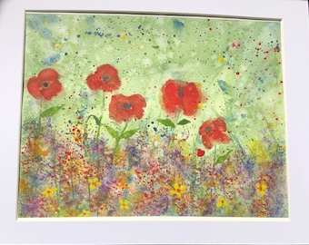 Original 8x10 Watercolor painting,Flowers, red poppies, yellow,gift,wall decoration.