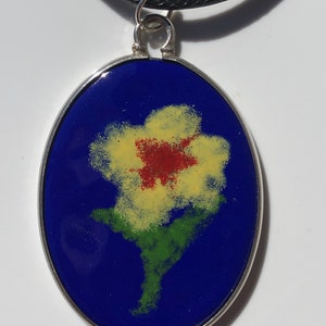 Beautiful Enamelled Copper Pendant set in Sterling Silver. Cobalt blue, flowers, necklace. Handpainted.