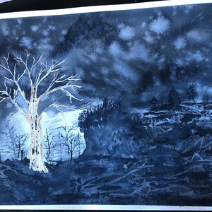 Original 14x17 Watercolor Painting by Susan Fyfe, Darkness,tree,forest,twilight.