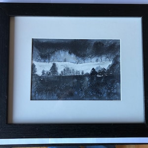 Original Watercolor Painting by Susan Fyfe. Nightfall in the forest.Trees,snow