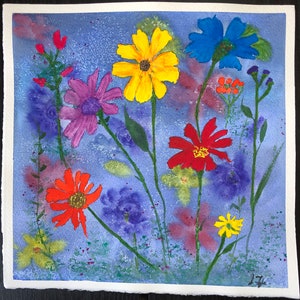 9.75"X10" Original Abstract Watercolor Painting by Susan Fyfe. Flowers, red, yellow,blue,orange,purple,green. Wall decoration, gift.