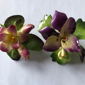 2 Vintage Cara Fine China Brooches. Staffordshire England, flowers, purple,pink,yellow,green