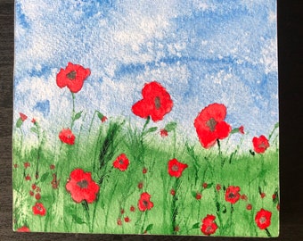 Original Watercolor Painting Mounted on Wood Panel. Decor,gift,art,poppies,blue sky, grass