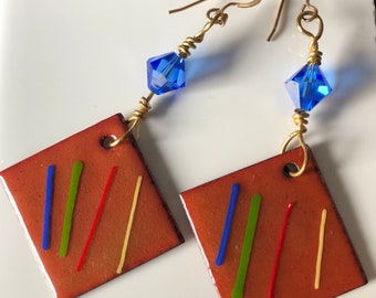 Copper Enamel and Swarovski Crystal Dangle Earrings. Sapphire blue, green, red, yellow. Wirewrap ,gold filled.