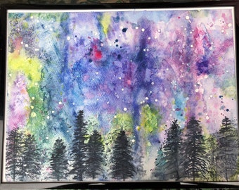 9x12 Original Watercolor painting.  Forest, purple, green,trees,blue