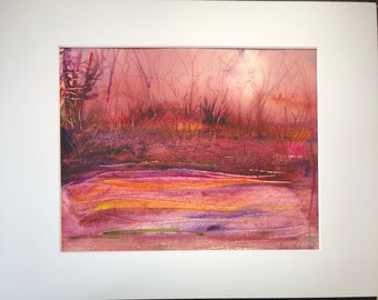 8"x10" Original Watercolor Painting by Susan Fyfe. Matted for an 11"x14" frame.Abstract landscape. Purples,pinks, reds, trees,hills. Dusk.