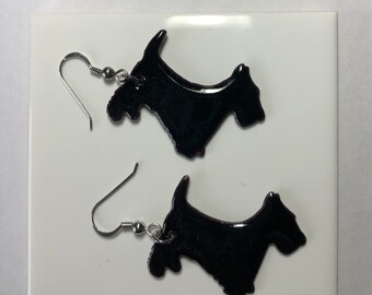Scottie Dog Enamel Earrings with Sterling Silver French Earwires. Black,gift,dangles.