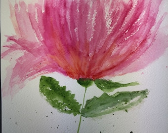 9x6.5" Original Watercolor Painting by Susan Fyfe. Abstract flower with pink, orange and green.