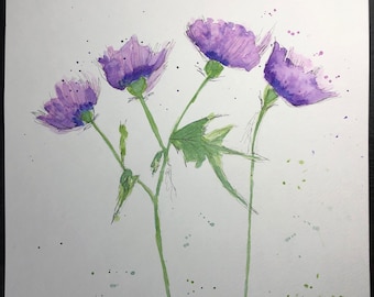 Original 9x12 Watercolor Painting by Susan Fyfe. Purple Thistle, green leaves, wall decor, gift.