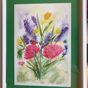 Original 18 x 25 cm Aquarell auf Papier aus 100% Baumwolle. Blumenstrauß von Susan Fyfe. Geschenk, Dekoration.