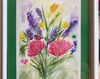 Original 7"x10" Watercolor Painting on 100% cotton paper. Bouquet of Flowers by Susan Fyfe. Gift, decoration.