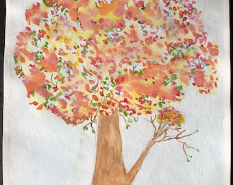 9x12 Original Watercolor painting. Autumn's leaves, tree, red, green,orange,yellow
