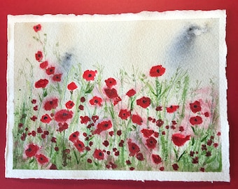 Original Watercolor 7.5"x5.5" Field of Poppies.red, green,blue,wall decoration, gift,
