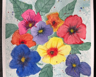 8x10 Original Watercolor Painting. Pansy Party, Wall art, decoration,red, blue,pink,yellow,orange,green,purple flowers.
