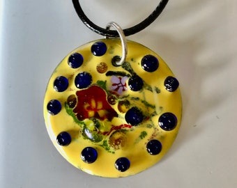 Copper Enamel Pendant, Yellow,Flowers,Seed beads,Red,Lilac,Green