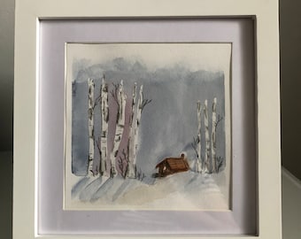 Original Watercolor painting.6x6 inches.Cabin in the woods, snow,birch trees, blue,grey,white,gift,wall decoration.