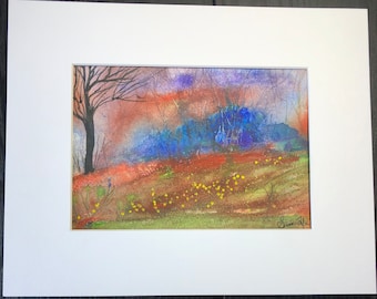 5"x7"  Original Watercolor Painting by Susan Fyfe.Abstract landscape, trees,blue,purple,flowers. Matted for an 8"x10" frame.Spooky tree.