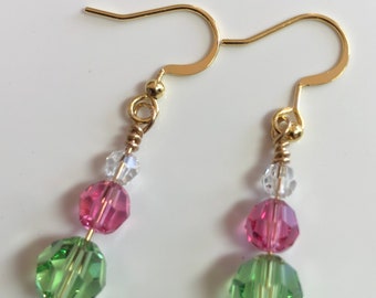 Swarovski Crystal Drop Earrings,14kt gold filled earwires, peridot, light rose and crystal,wirewrapped