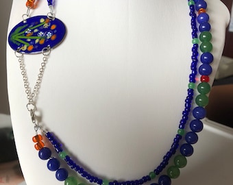 Copper enamel and beaded necklace. Original. Cobalt blue, yellow,green,red,flowers