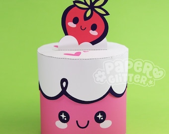 Printable Kawaii Strawberry Cup Cake Party Favor Paper Craft PDF Template Box