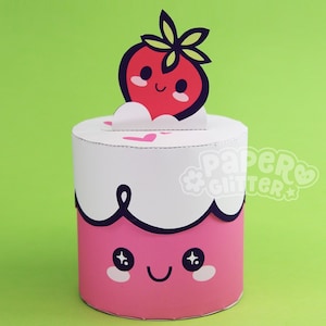 Printable Kawaii Strawberry Cup Cake Party Favor Paper Craft PDF Template Box